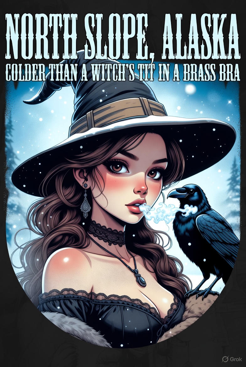 North Slope Witch Hoodie – Colder Than a Witch's Tit in a Brass Bra | Alaska Oilfield Pinup Hoodie