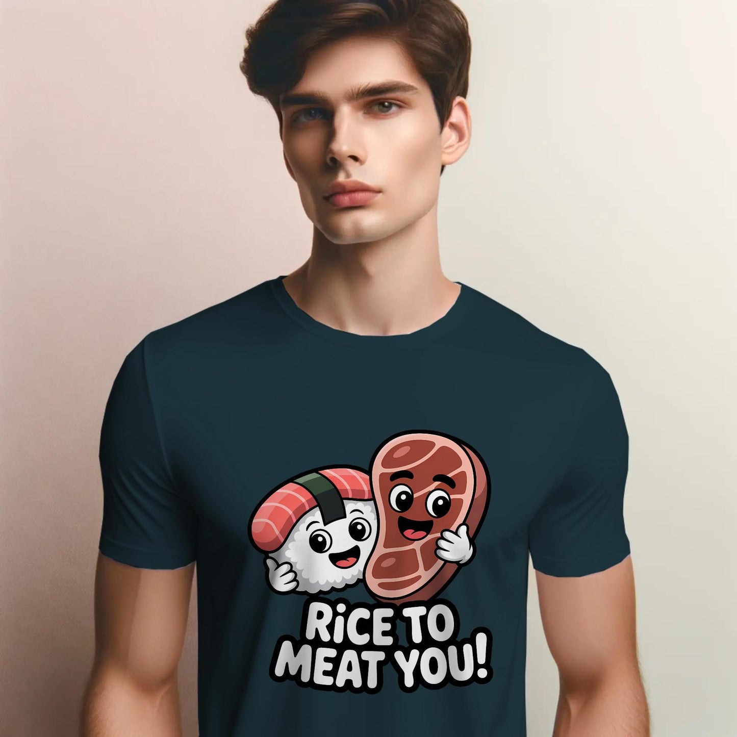 Rice to Meat You T-Shirt – Funny Sushi Steak Pun Tee – Cute Foodie Graphic Shirt for Men & Women