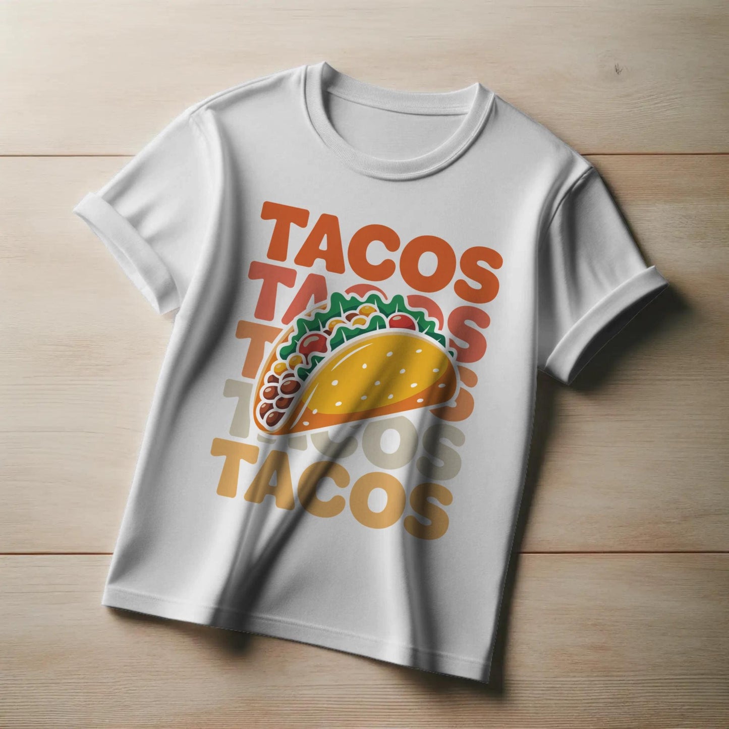 TACOS Graphic T-Shirt – Bold Stacked Text with Taco Illustration – Funny Foodie Tee for Taco Lovers