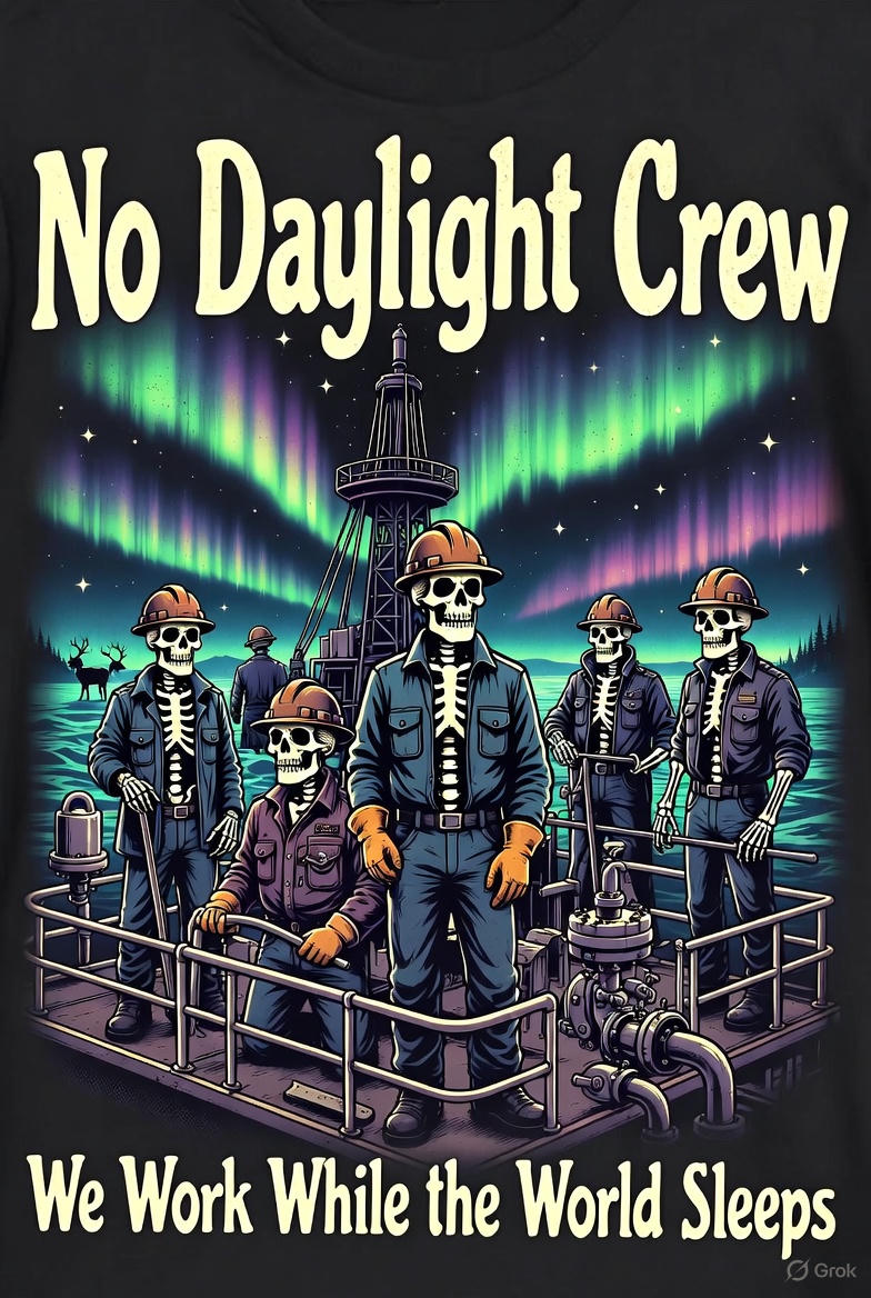 No Daylight Crew Hoodie – We Work While the World Sleeps | North Slope Night Shift Skeleton Hoodie
