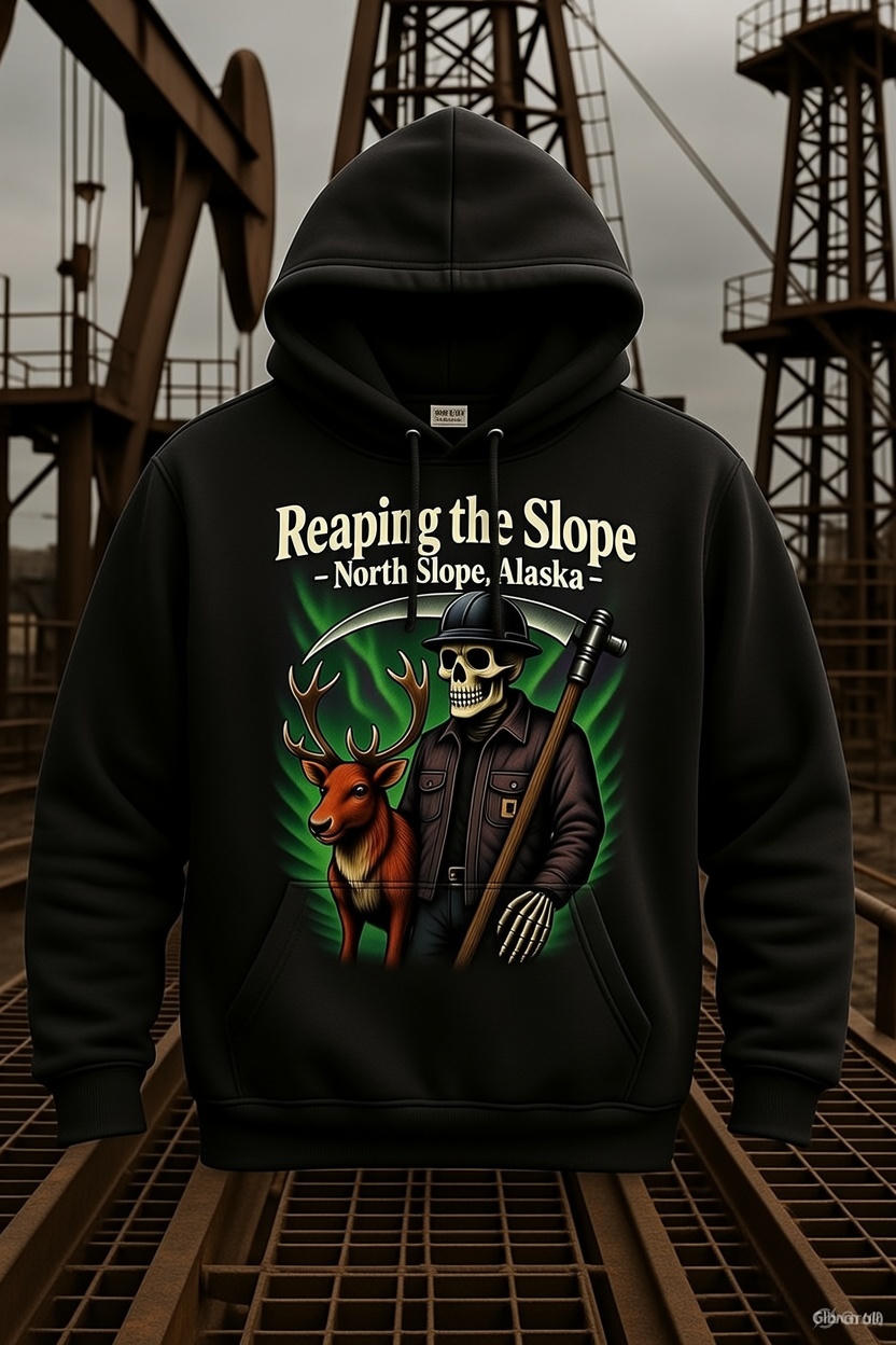 Reaping the Slope Hoodie – North Slope Alaska Grim Reaper Roughneck | Oilfield Skeleton Caribou Graphic Hoodie