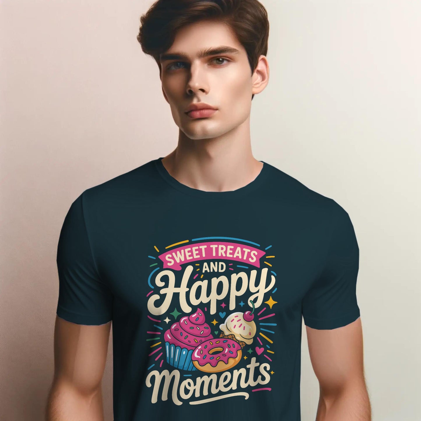 Sweet Treats and Happy Moments T-Shirt – Dessert Lover Tee with Cupcake & Donut Design – Whimsical Foodie Shirt
