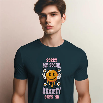 Social Anxiety T-Shirt – “Sorry My Social Anxiety Says No” – Melting Smiley Face Tee with Peace Signs & Flowers