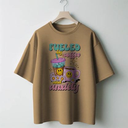 Fueled by Coffee and Anxiety T-Shirt – Funny Mental Health & Caffeine Tee – Iced Hot Coffee Graphic Shirt