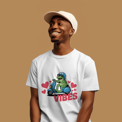 Funny Frog Scooter T-Shirt – “Sorry Gotta Go, The Vibes Are Off” – Quirky Mood Tee for Introverts & Vibe Checkers