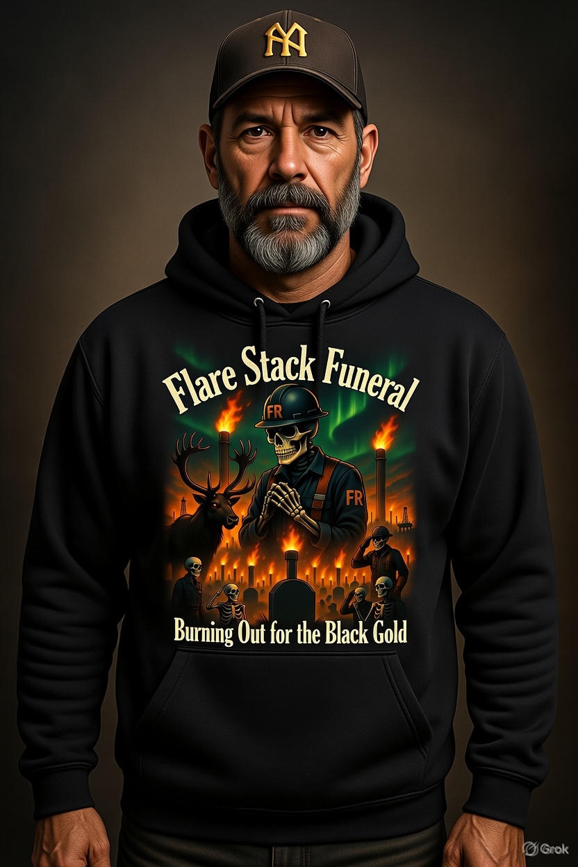 Flare Stack Funeral Hoodie – Burning Out for the Black Gold | Original North Slope Skeleton Hoodie