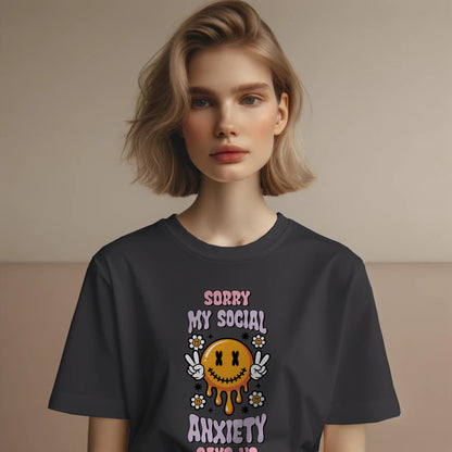Social Anxiety T-Shirt – “Sorry My Social Anxiety Says No” – Melting Smiley Face Tee with Peace Signs & Flowers