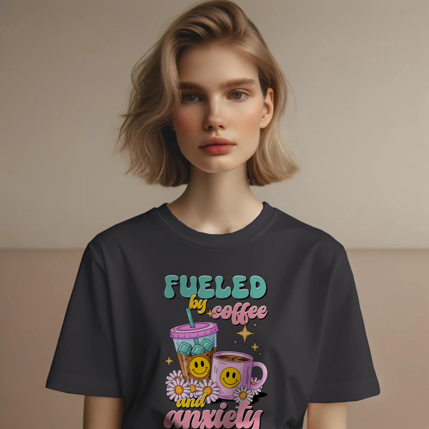 Fueled by Coffee and Anxiety T-Shirt – Funny Mental Health & Caffeine Tee – Iced Hot Coffee Graphic Shirt