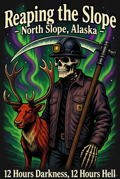 Reaping the Slope Hoodie – North Slope Alaska Grim Reaper Roughneck | Oilfield Skeleton Caribou Graphic Hoodie