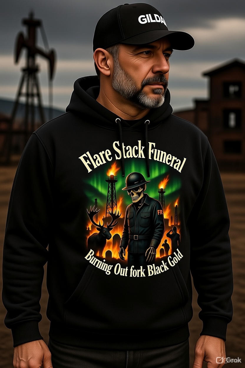 Flare Stack Funeral Hoodie – Burning Out for the Black Gold | North Slope Oilfield Skeleton Hoodie