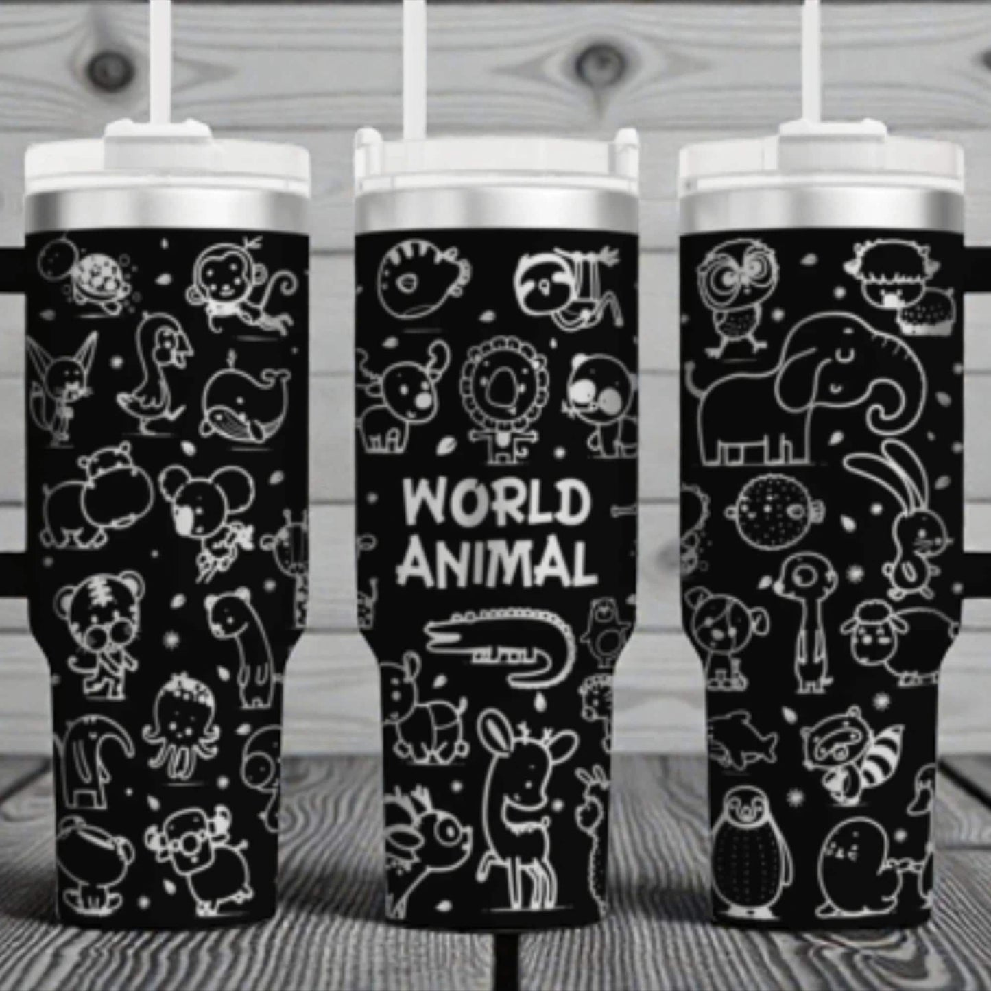 World Animal Tumbler Wrap – 40oz Handled – Cartoon Safari n Zoo Creatures for Kids & Nature Fans