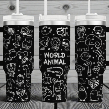 World Animal Tumbler Wrap – 40oz Handled – Cartoon Safari n Zoo Creatures for Kids & Nature Fans