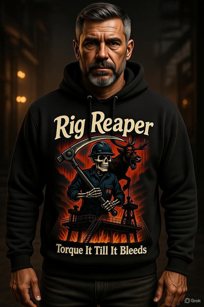 Rig Reaper Hoodie – Torque It Till It Bleeds | North Slope Oilfield Skeleton Roughneck Hoodie