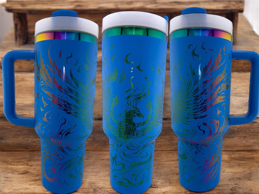Engraved Phoenix Tumbler – 40oz Stainless Steel Cup, Mythical Firebird Design, Custom Color, Insulated Drinkware
