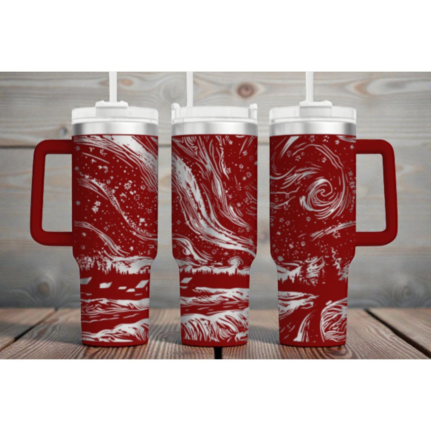 Starry Forest Night Tumbler Wrap – 40oz Skinny – Red Swirl Celestial Landscape