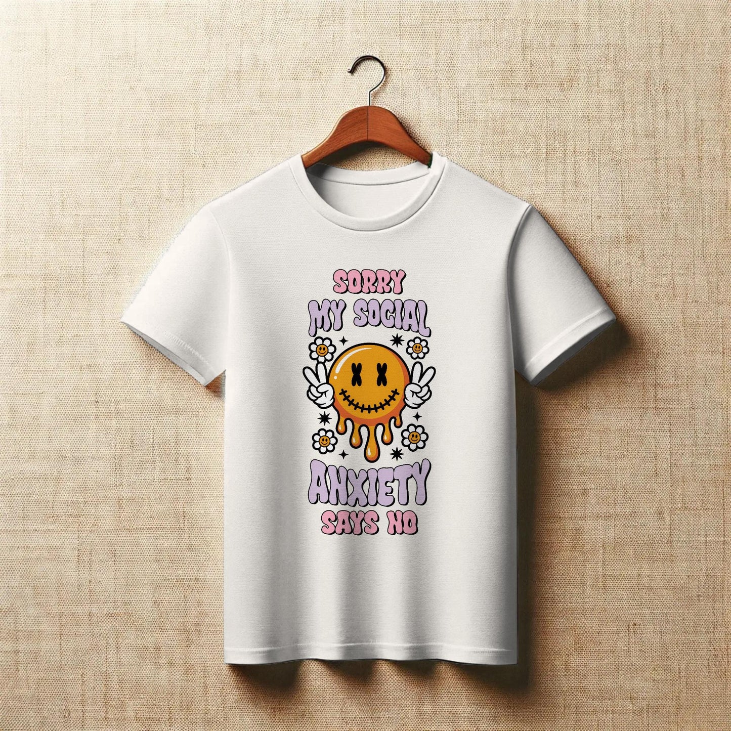 Social Anxiety T-Shirt – “Sorry My Social Anxiety Says No” – Melting Smiley Face Tee with Peace Signs & Flowers