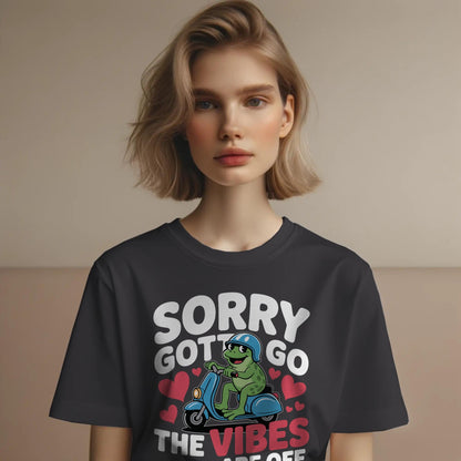 Funny Frog Scooter T-Shirt – “Sorry Gotta Go, The Vibes Are Off” – Quirky Mood Tee for Introverts & Vibe Checkers