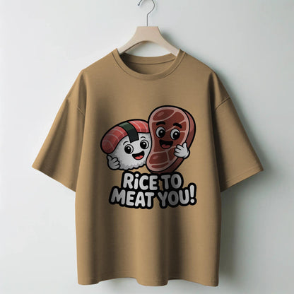 Rice to Meat You T-Shirt – Funny Sushi Steak Pun Tee – Cute Foodie Graphic Shirt for Men & Women