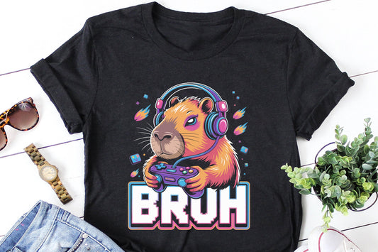 Rainbow Gamer Capybara “BRUH” Design – Funny Headphones & Controller Art