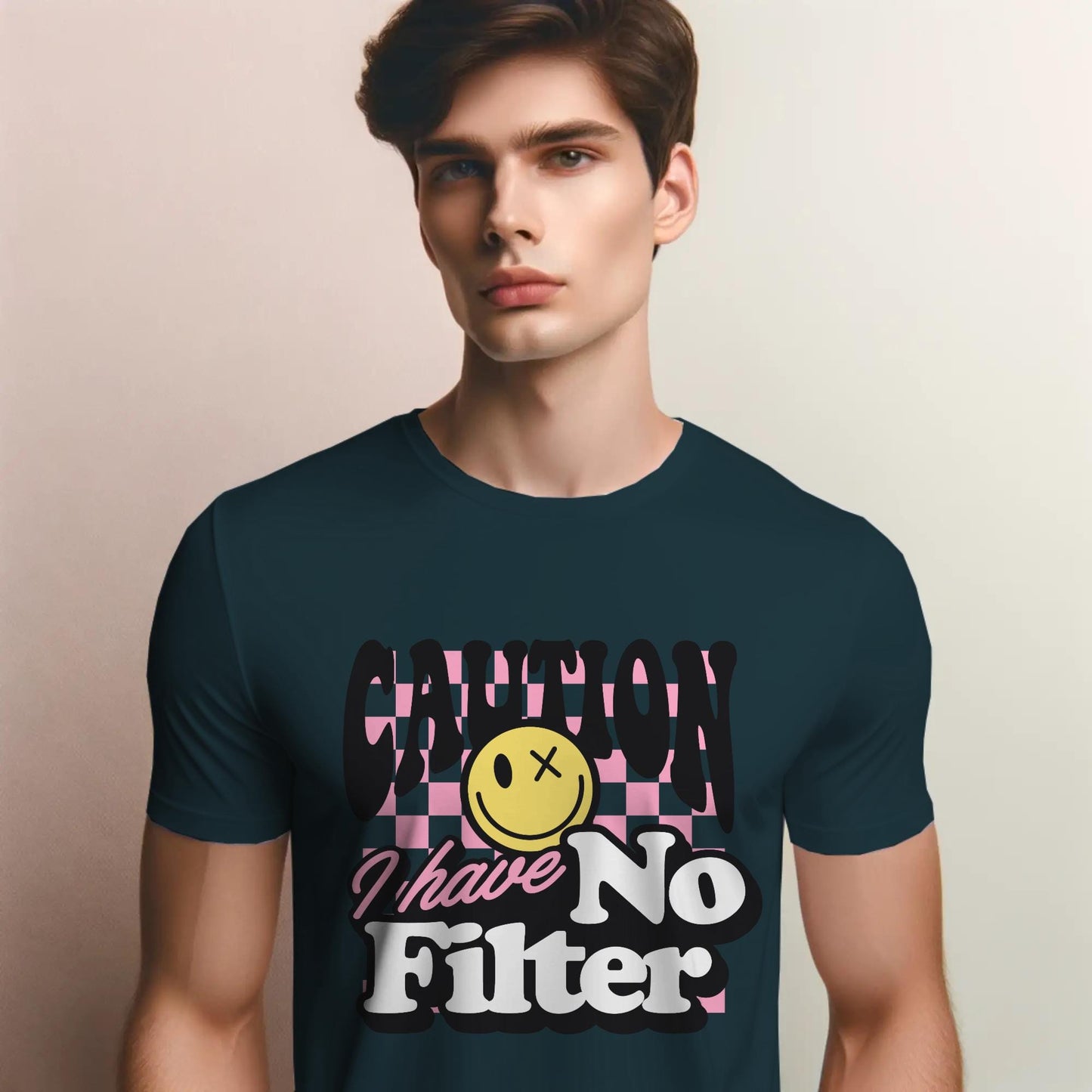 Caution I Have No Filter T-Shirt – Funny Attitude Tee with Edgy Smiley – Bold Graphic Shirt for Men & Women