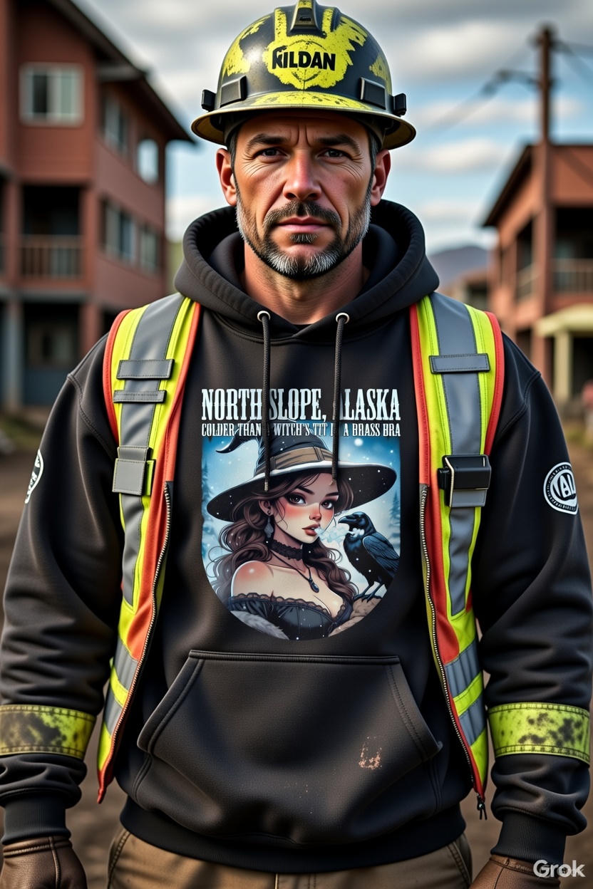 North Slope Witch Hoodie – Colder Than a Witch's Tit in a Brass Bra | Alaska Oilfield Pinup Hoodie