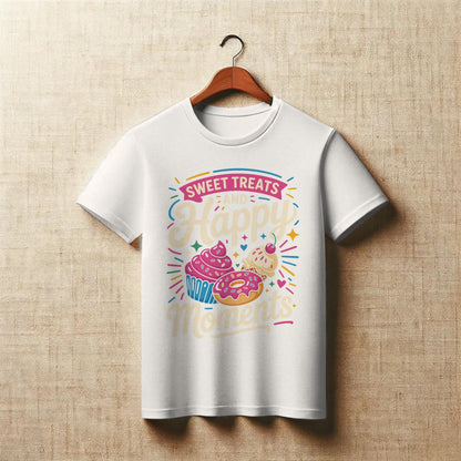Sweet Treats and Happy Moments T-Shirt – Dessert Lover Tee with Cupcake & Donut Design – Whimsical Foodie Shirt