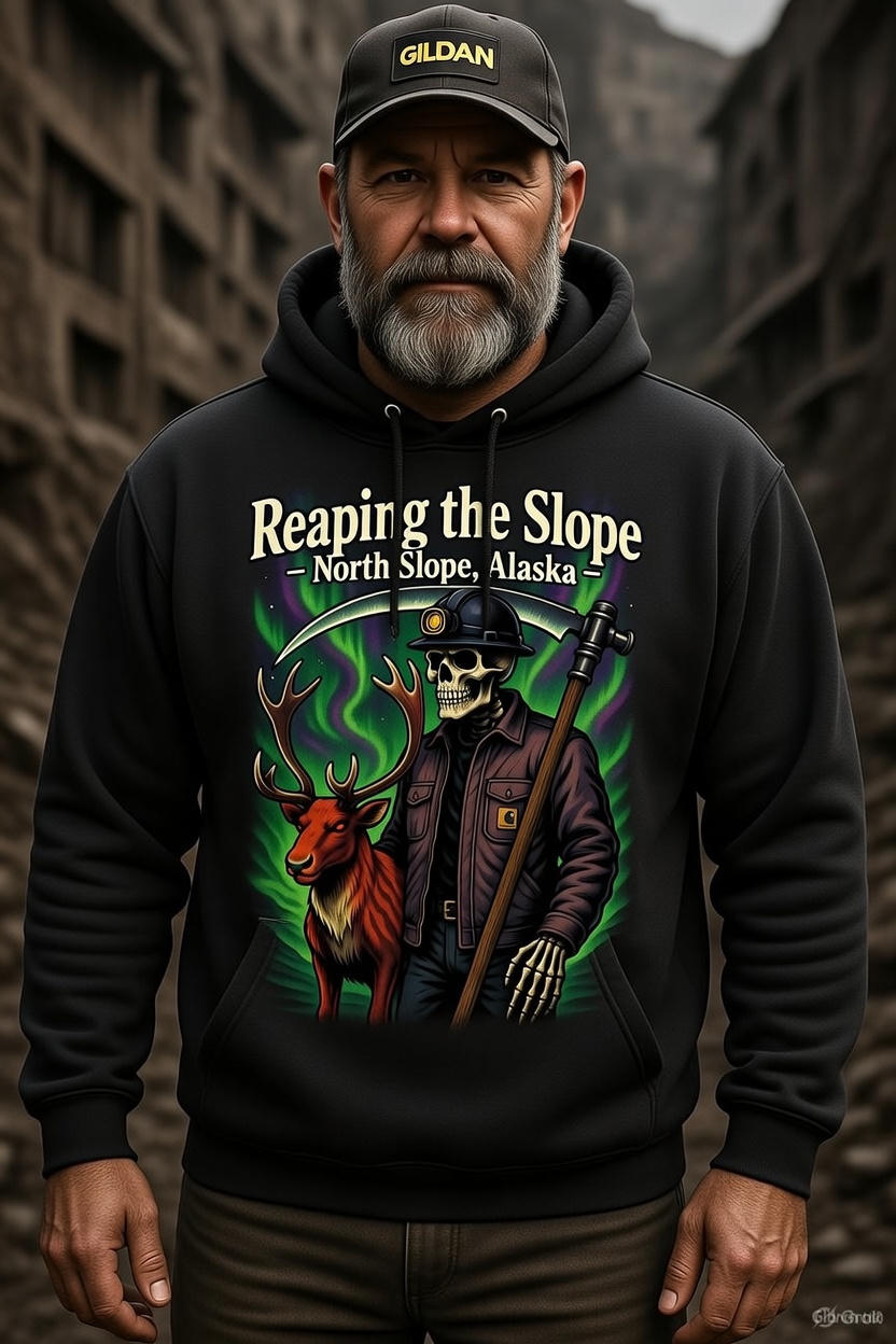 Reaping the Slope Hoodie – North Slope Alaska Grim Reaper Roughneck | Oilfield Skeleton Caribou Graphic Hoodie