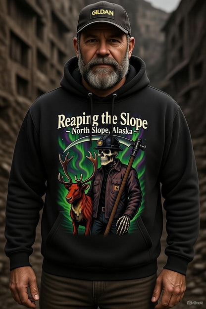 Reaping the Slope Hoodie – North Slope Alaska Grim Reaper Roughneck | Oilfield Skeleton Caribou Graphic Hoodie
