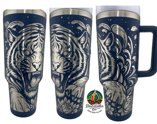 Roaring Tiger Tumbler – 40oz – Floral Wildlife Design – Asian-Inspired Art Drinkware