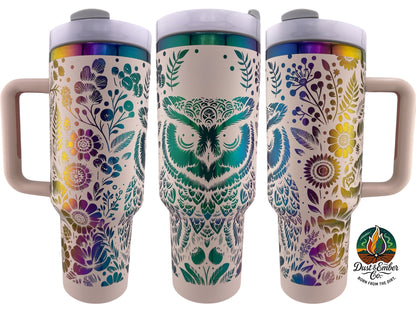 Engraved Owl Tumbler – 40oz Stainless Steel Cup, Large Owl Wrap Design, Custom Color, Insulated Drinkware