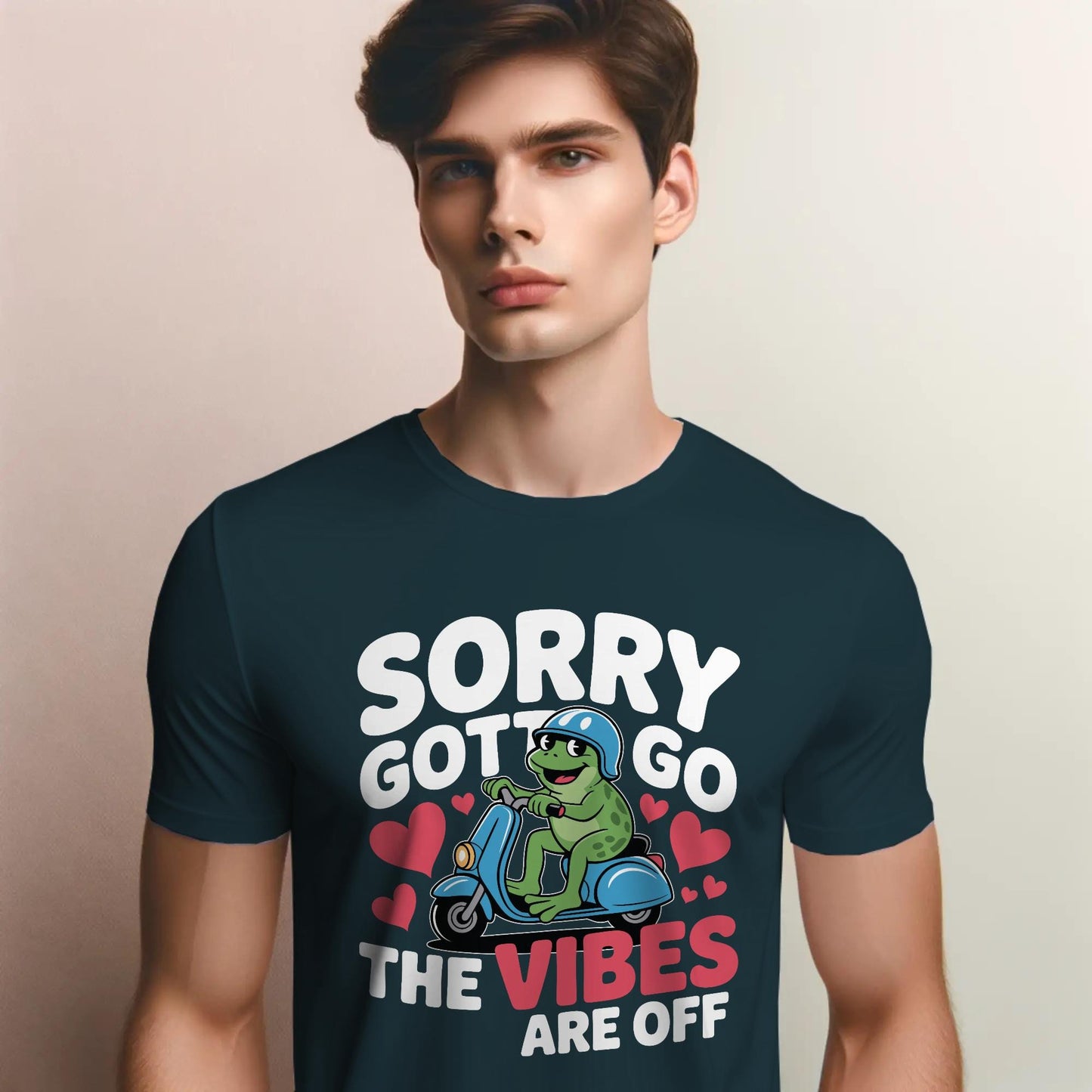 Funny Frog Scooter T-Shirt – “Sorry Gotta Go, The Vibes Are Off” – Quirky Mood Tee for Introverts & Vibe Checkers