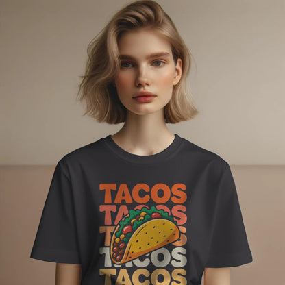 TACOS Graphic T-Shirt – Bold Stacked Text with Taco Illustration – Funny Foodie Tee for Taco Lovers