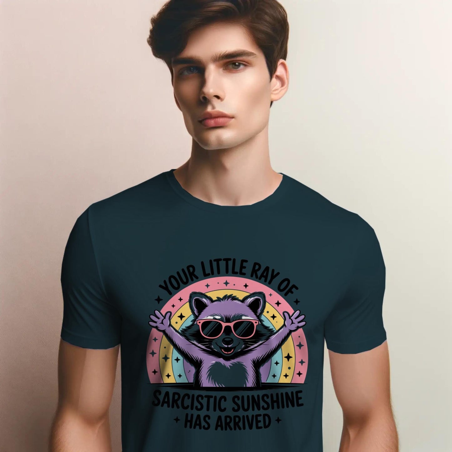 Sarcastic Sunshine Raccoon T-Shirt – Funny Rainbow Animal Tee – “Your Little Ray of Sarcastic Sunshine Has Arrived”