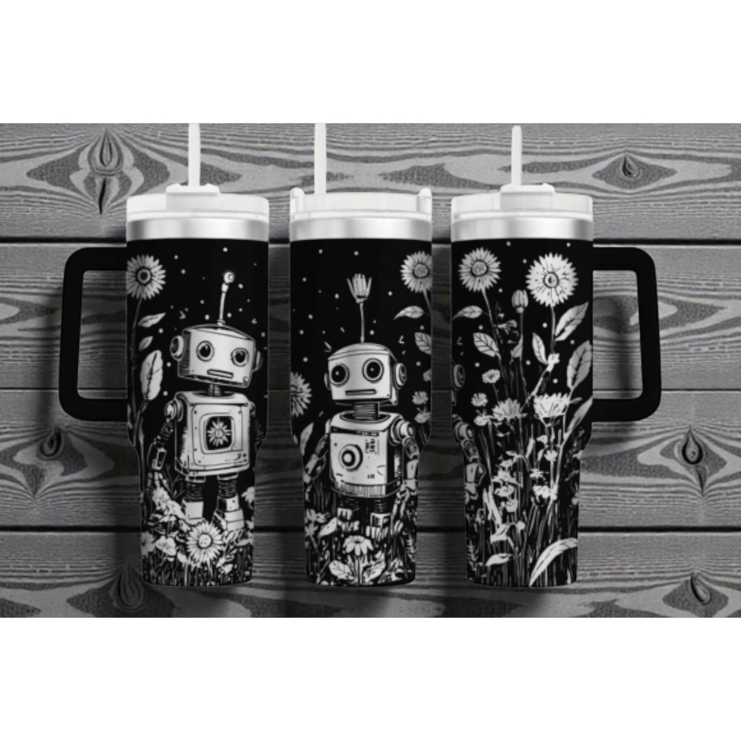 Robot & Wildflower Tumbler Wrap – 40oz Handled – Retro Bot in Floral Garden
