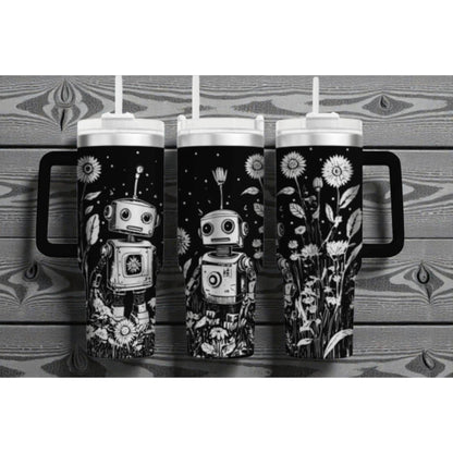 Robot & Wildflower Tumbler Wrap – 40oz Handled – Retro Bot in Floral Garden
