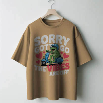 Funny Frog Scooter T-Shirt – “Sorry Gotta Go, The Vibes Are Off” – Quirky Mood Tee for Introverts & Vibe Checkers