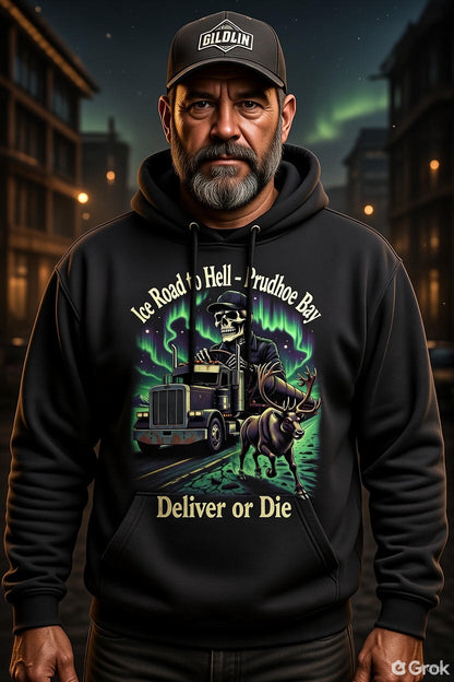 Ice Road to Hell Hoodie – Prudhoe Bay Deliver or Die | Alaska Ice Road Trucker Skeleton Hoodie
