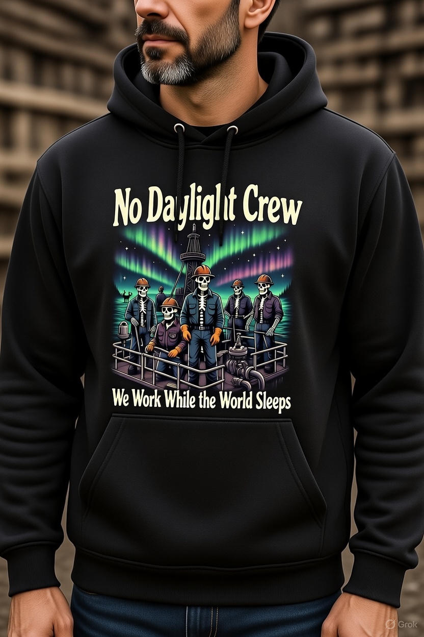 No Daylight Crew Hoodie – We Work While the World Sleeps | North Slope Night Shift Skeleton Hoodie