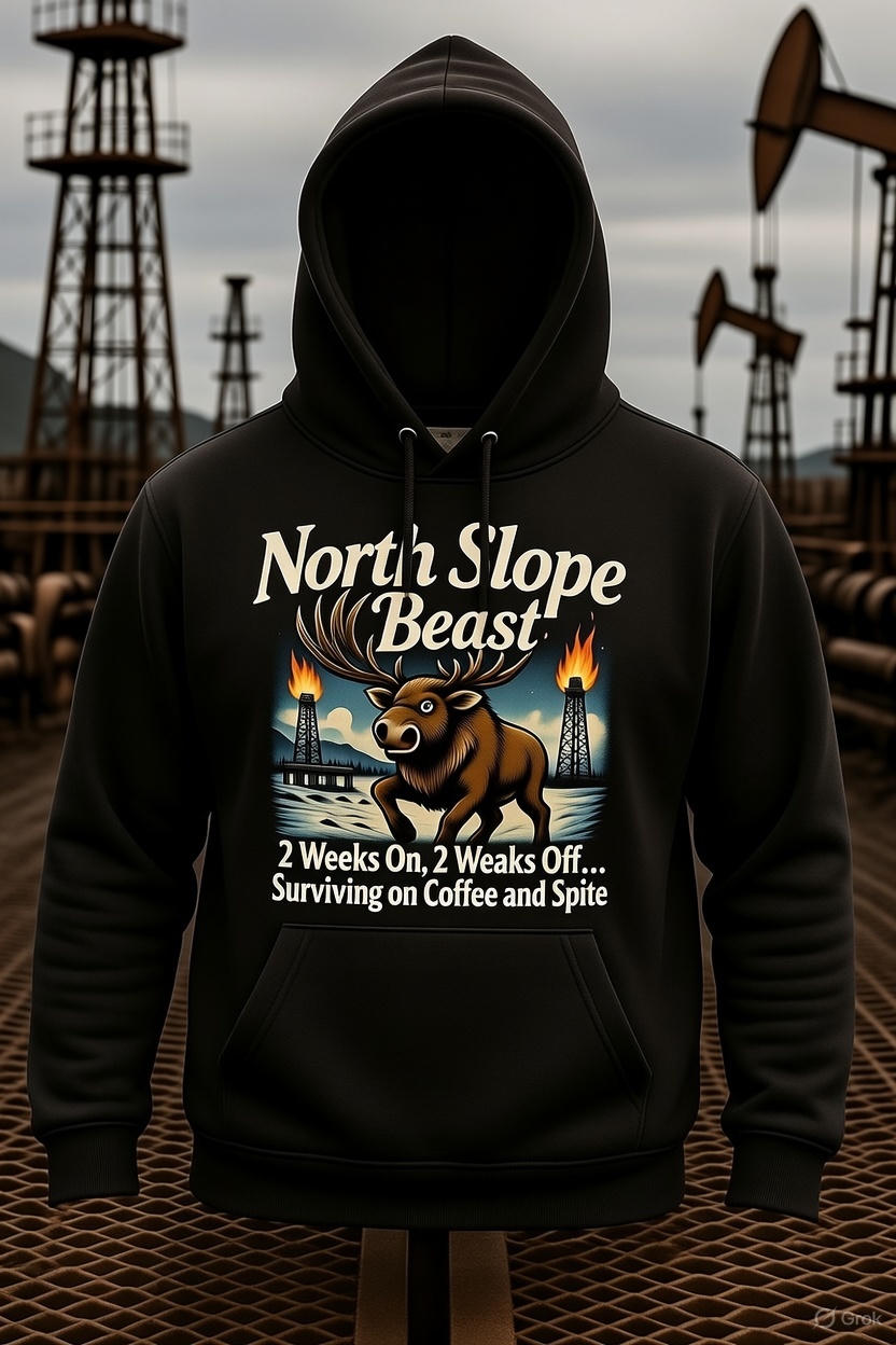 North Slope Beast Hoodie – 2 Weeks On 2 Weeks Off Caribou | Alaska Oilfield Roughneck Graphic Hoodie