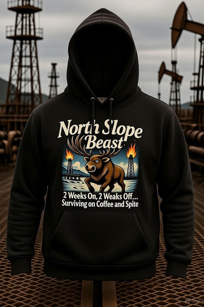 North Slope Beast Hoodie – 2 Weeks On 2 Weeks Off Caribou | Alaska Oilfield Roughneck Graphic Hoodie