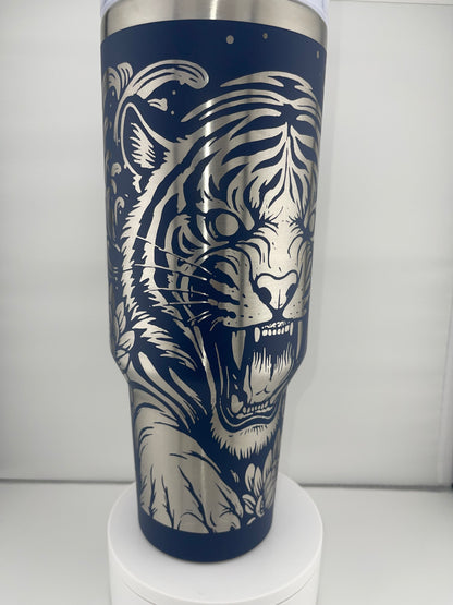 Roaring Tiger Tumbler – 40oz – Floral Wildlife Design – Asian-Inspired Art Drinkware