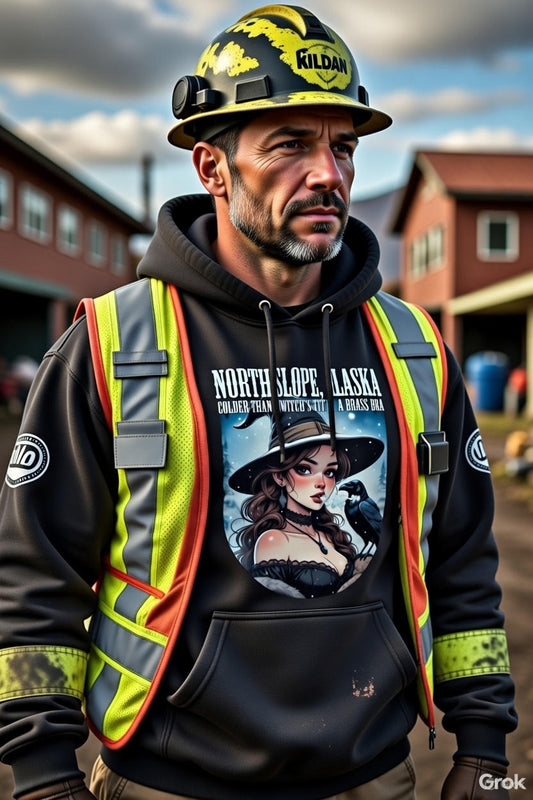 North Slope Witch Hoodie – Colder Than a Witch's Tit in a Brass Bra | Alaska Oilfield Pinup Hoodie