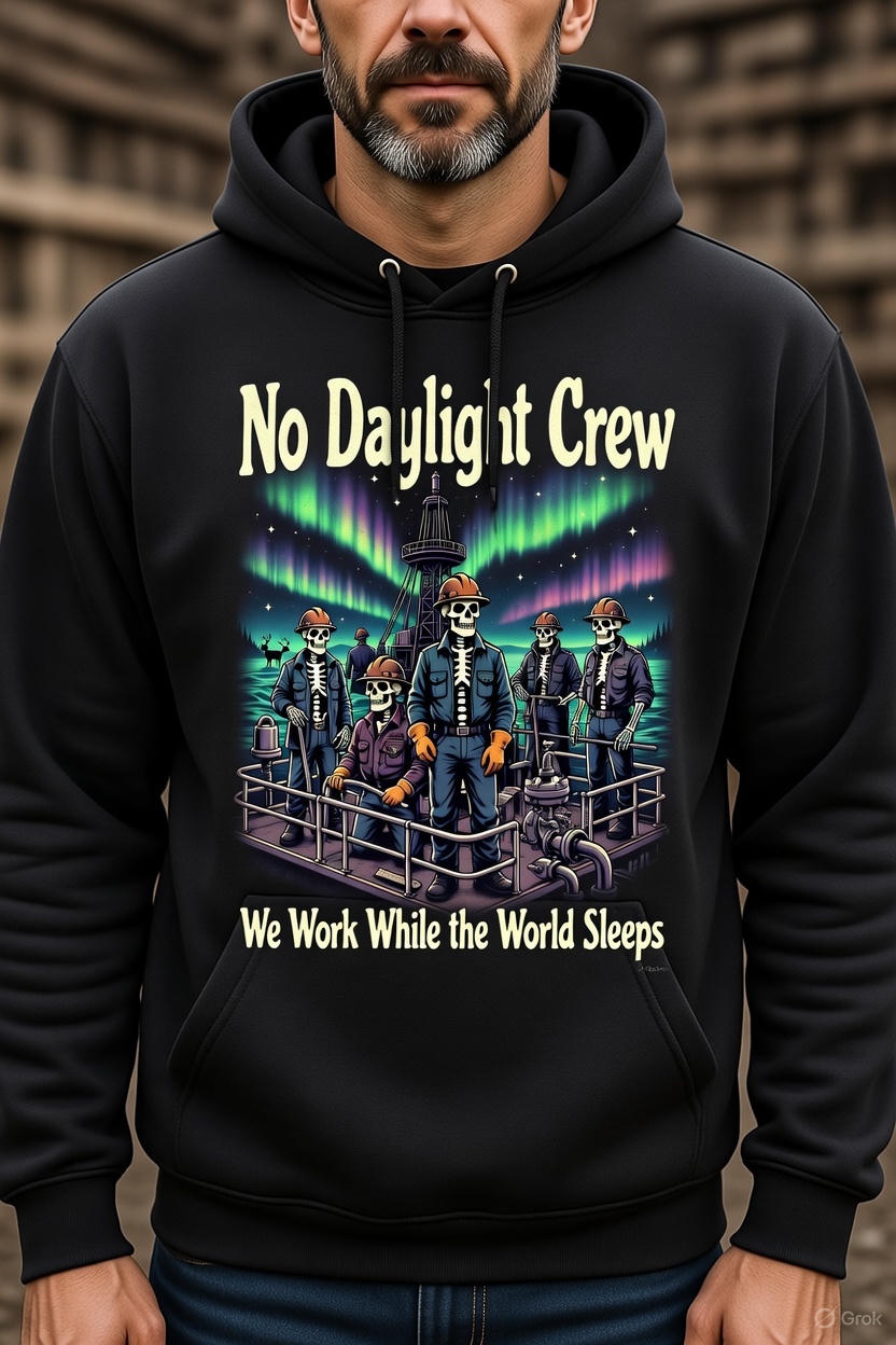 No Daylight Crew Hoodie – We Work While the World Sleeps | North Slope Night Shift Skeleton Hoodie