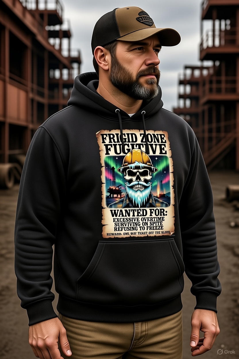 Frigid Zone Fugitive Wanted Poster Hoodie – North Slope Alaska Roughneck | Oilfield Overtime Survivor Hoodie