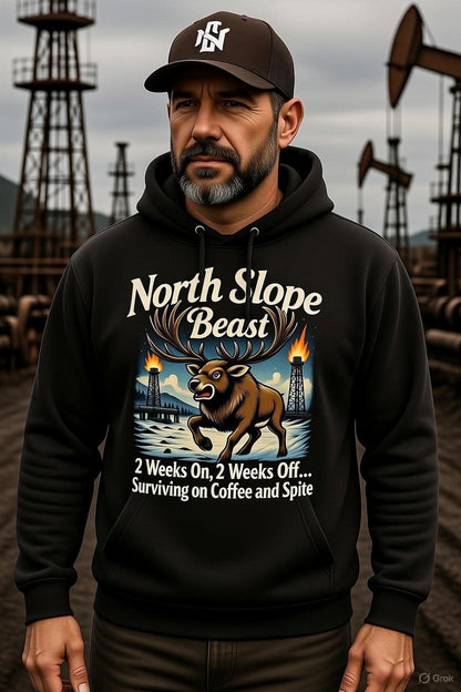 North Slope Beast Hoodie – 2 Weeks On 2 Weeks Off Caribou | Alaska Oilfield Roughneck Graphic Hoodie