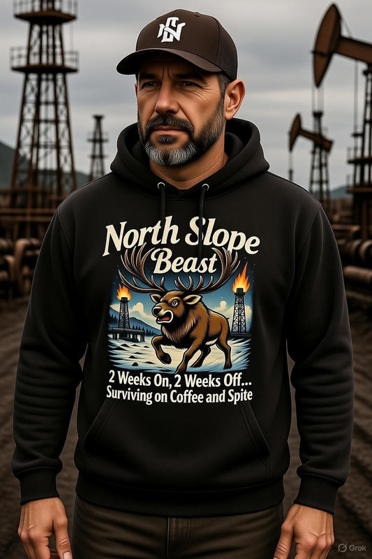 North Slope Beast Hoodie – 2 Weeks On 2 Weeks Off Caribou | Alaska Oilfield Roughneck Graphic Hoodie