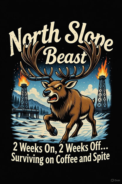 North Slope Beast Hoodie – 2 Weeks On 2 Weeks Off Caribou | Alaska Oilfield Roughneck Graphic Hoodie
