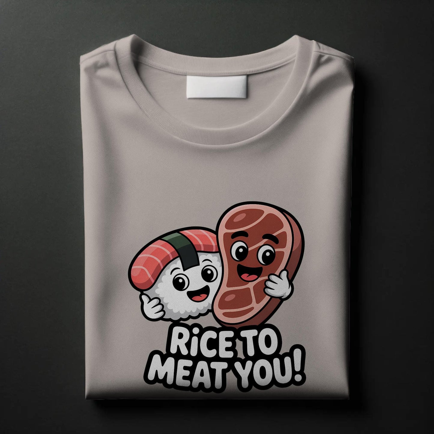 Rice to Meat You T-Shirt – Funny Sushi Steak Pun Tee – Cute Foodie Graphic Shirt for Men & Women