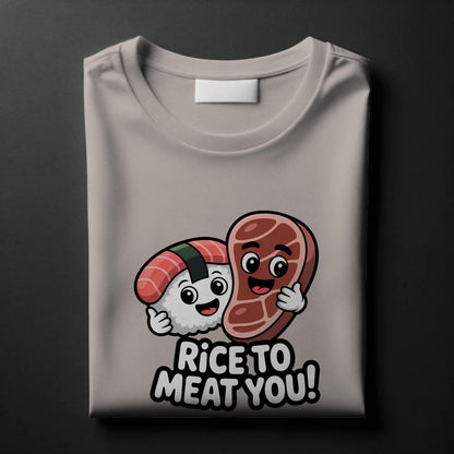 Rice to Meat You T-Shirt – Funny Sushi Steak Pun Tee – Cute Foodie Graphic Shirt for Men & Women