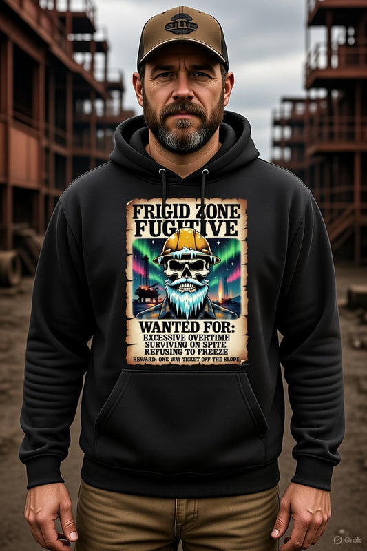 Frigid Zone Fugitive Wanted Poster Hoodie – North Slope Alaska Roughneck | Oilfield Overtime Survivor Hoodie
